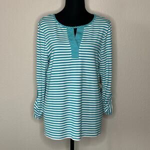 Chico’s Stripe Split Neck Knit Top 3/4 Sleeve Algiers Blue Size 1 (8) New